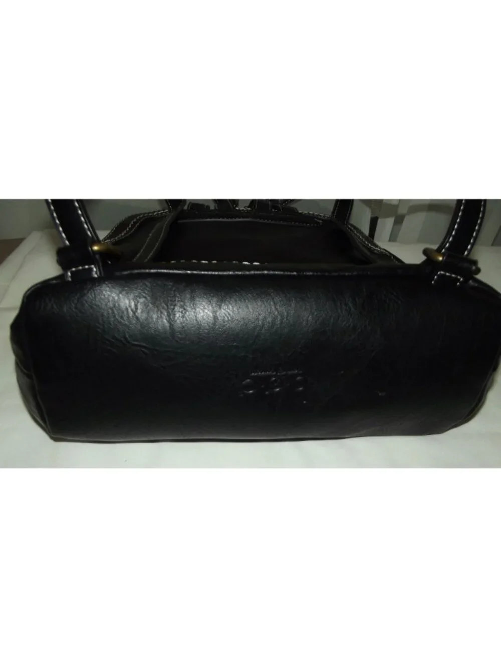 b.o.c. Backpack black faux leather white accent stitching wooden ring BORN
